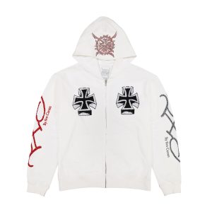 Xman Men's Rhinestone Zip Hoodie White